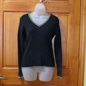 City Silk Vintage Black Pullover Sweater Beige Trim Flared Sleeve Y2K Large